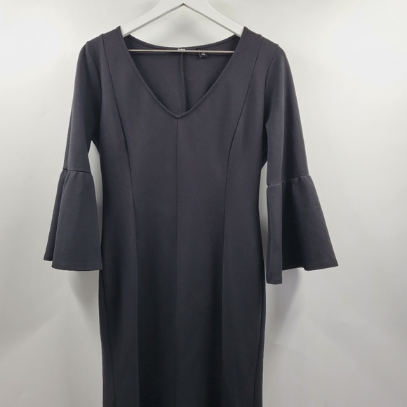 Betabrand Revamped Little Black Dress Long Bell Sleeves V-Neck Boho Goth - Picture 2 of 8